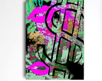 Dollar Sign, Money Art, Poster or Canvas, Pop Art, Green, Pink Lips, Modern Prints