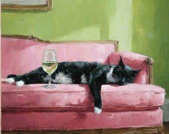 Cat On Sofa Art: Quirky Cats with Cocktails Print (Paper or Canvas)