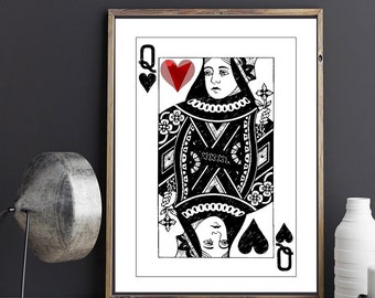 Queen of Hearts Art, Black and White, Canvas or Print, Poker Player Gift, Blackjack, Casino, Gambler, Game Room Decor