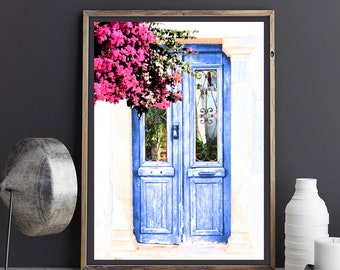Blue Door Art, Boganvilla, Santorini, Mykonos, Greece, Print or Canvas, Doorway Prints, Tuscan Home Decor