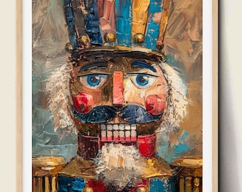 Könnte beinhalten: Gerahmter Kunstdruck eines farbenfrohen Nussknackers. Das Kunstwerk zeigt einen detaillierten Ölgemäldestil mit Fokus auf dem Gesicht des Nussknackers, einschließlich blauer Augen, eines Schnurrbarts und eines weißen Bartes. Der Rahmen ist helles Holz.