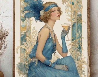 Art Deco Lady With Cocktail Art: Glamorous 1920s Woman Print (Paper and Canvas)