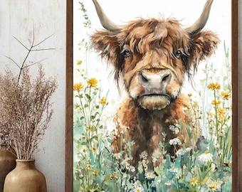 Puede incluir: Una impresión en acuarela enmarcada de una vaca de las Tierras Altas. La vaca tiene un pelaje largo y marrón y cuernos prominentes. Se encuentra sobre un fondo de flores silvestres en tonos amarillos, blancos y verdes. El marco es de color marrón oscuro.