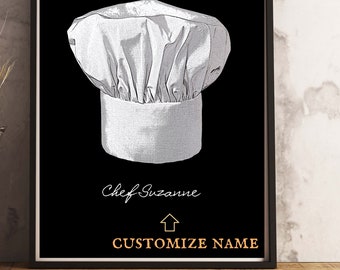Custom Chef Gift, Personalized Chef Toque Artwork, Kitchen Art, Food Lover, Gifts for the Cook, Foodie, Home Cooking, Name of Favorite Chef