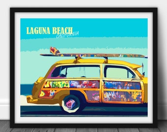 Laguna Beach Art, California Vintage Poster, Woody Wagon, Woodies, Surfboard, Surfer Art, Beach Decor, Print or Canvas Option