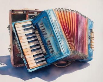 May include: A blue accordion with a white keyboard and colorful bellows rests on a white canvas, next to a brown suitcase. The artwork is displayed above a wooden bench with decorative pillows, vases, and woven baskets.