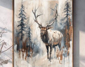 Elk Art Print: Woodland Wall Decor, Neutral Tones (Paper and Canvas)
