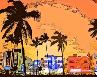 South Beach, Print or Canvas, Miami Beach Decor, Miami City Scene Picture, Florida Wall Art, Beach Decor, Palm Trees, Colorful Pop Art, City