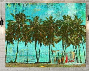 Beach Art, Palm Trees, Surfboard, Ocean Art, Print or Canvas, Beach Decor, Surfing, Island Painting, Tropical Picture, Flamingo Wall, Summer