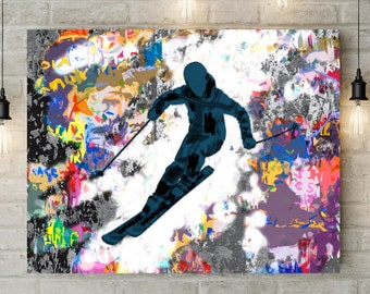 Skier Art, Downhill Skiing, Print or Canvas, Winter Sports, Snow Skies, Athlete Gift, Ski Art