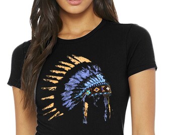 Native American Top, Colorful Headdress, Boho t-shirt, Womens Short Sleeve Shirt, Tribal Clothing Fitted Tee