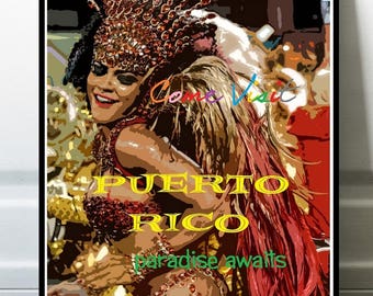 Puerto Rico Art, Canvas or Print, Puerto Rican Wall Decor, Retro Travel Poster, Fun Travel Gift, Carnival Dancer Picture, Beautiful Woman