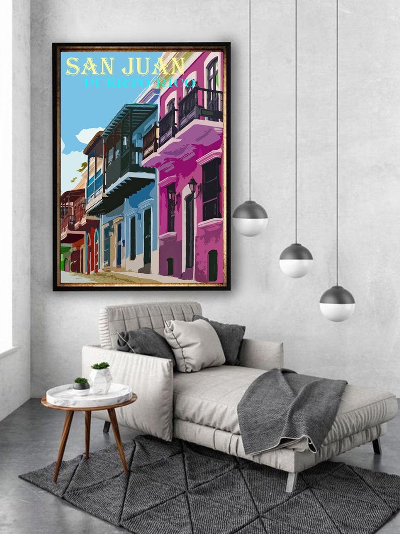San Juan Art, Colorful Homes, Puerto Rico Vintage Poster, Retro Travel Print, Canvas Option, Puerto Rican Village image 6