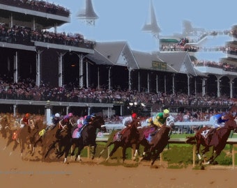 Horse Race, Print or Canvas, Horse Racing Painting, Derby Art, Race Track Picture, Churchill,  Horse Racing Canvas, Kentucky Horse Race