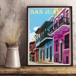 San Juan Art, Colorful Homes, Puerto Rico Vintage Poster, Retro Travel Print, Canvas Option, Puerto Rican Village image 7