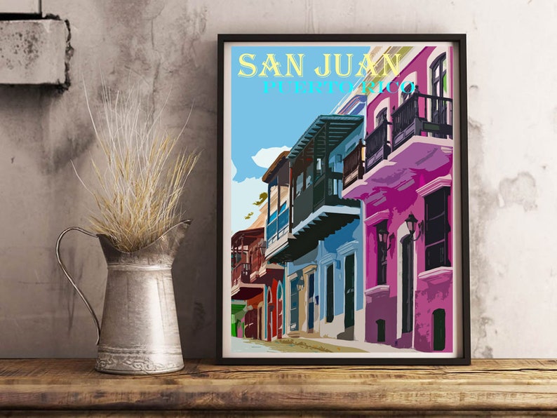 San Juan Art, Colorful Homes, Puerto Rico Vintage Poster, Retro Travel Print, Canvas Option, Puerto Rican Village image 7