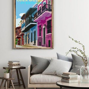 San Juan Art, Colorful Homes, Puerto Rico Vintage Poster, Retro Travel Print, Canvas Option, Puerto Rican Village image 3