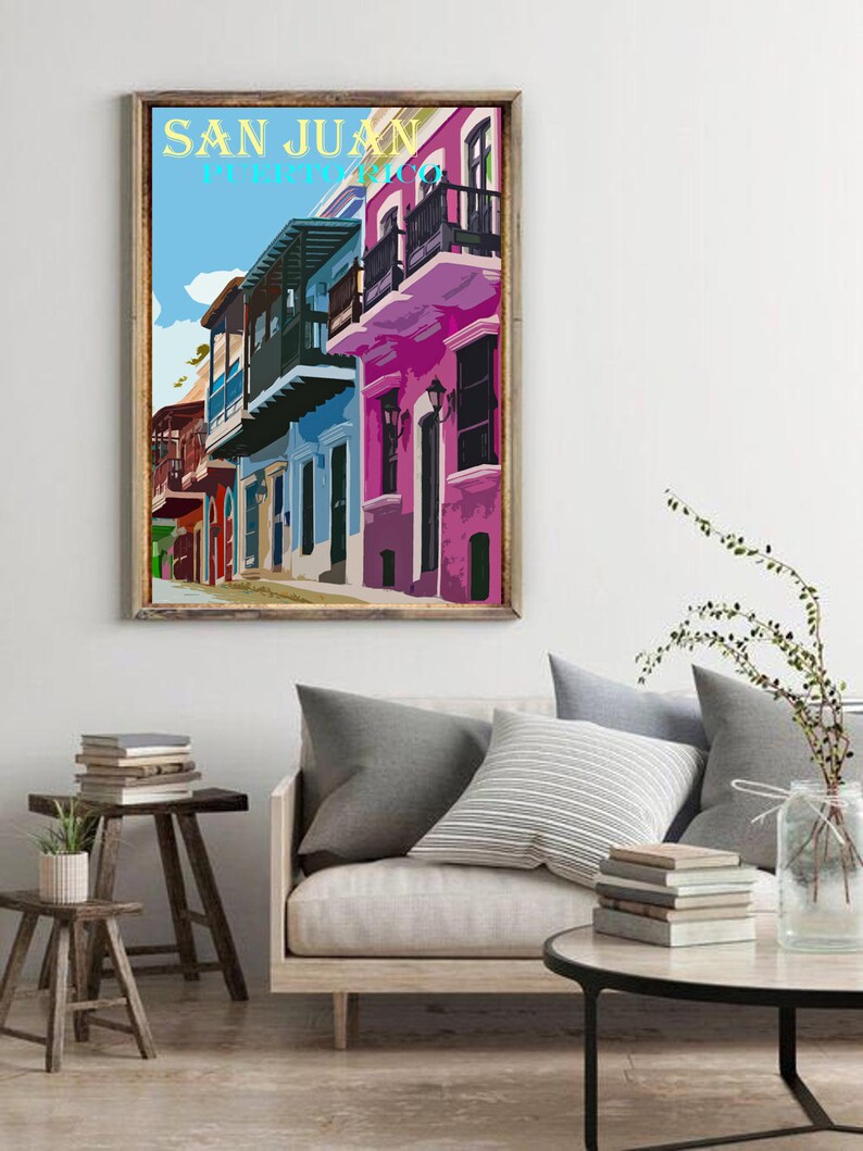 San Juan Art, Colorful Homes, Puerto Rico Vintage Poster, Retro Travel Print, Canvas Option, Puerto Rican Village image 3