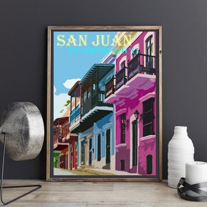San Juan Art, Colorful Homes, Puerto Rico Vintage Poster, Retro Travel Print, Canvas Option, Puerto Rican Village image 5