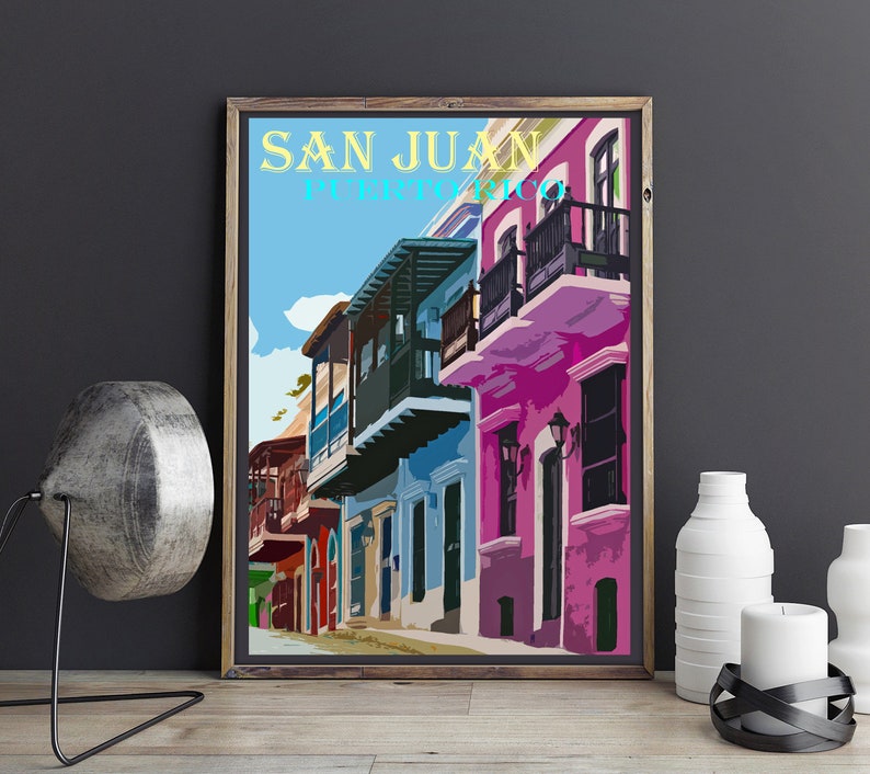 San Juan Art, Colorful Homes, Puerto Rico Vintage Poster, Retro Travel Print, Canvas Option, Puerto Rican Village image 5