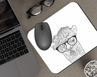 Llama Mouse Pad, Computer Accessory, Alpaca, Wearing Glasses, Gift for Her, Gift for Him, Mousepad, Animals in Eyeglasses, Black and White