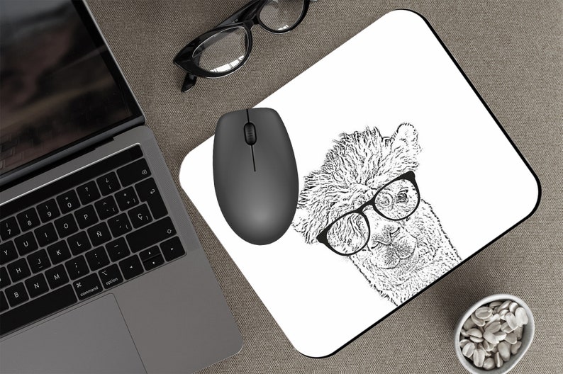 Llama Mouse Pad, Computer Accessory, Alpaca, Wearing Glasses, Gift for Her, Gift for Him, Mousepad, Animals in Eyeglasses, Black and White image 1