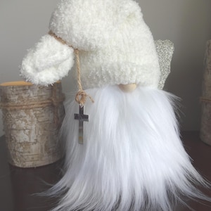 angel gnome, faith based, cross, white and cream colors