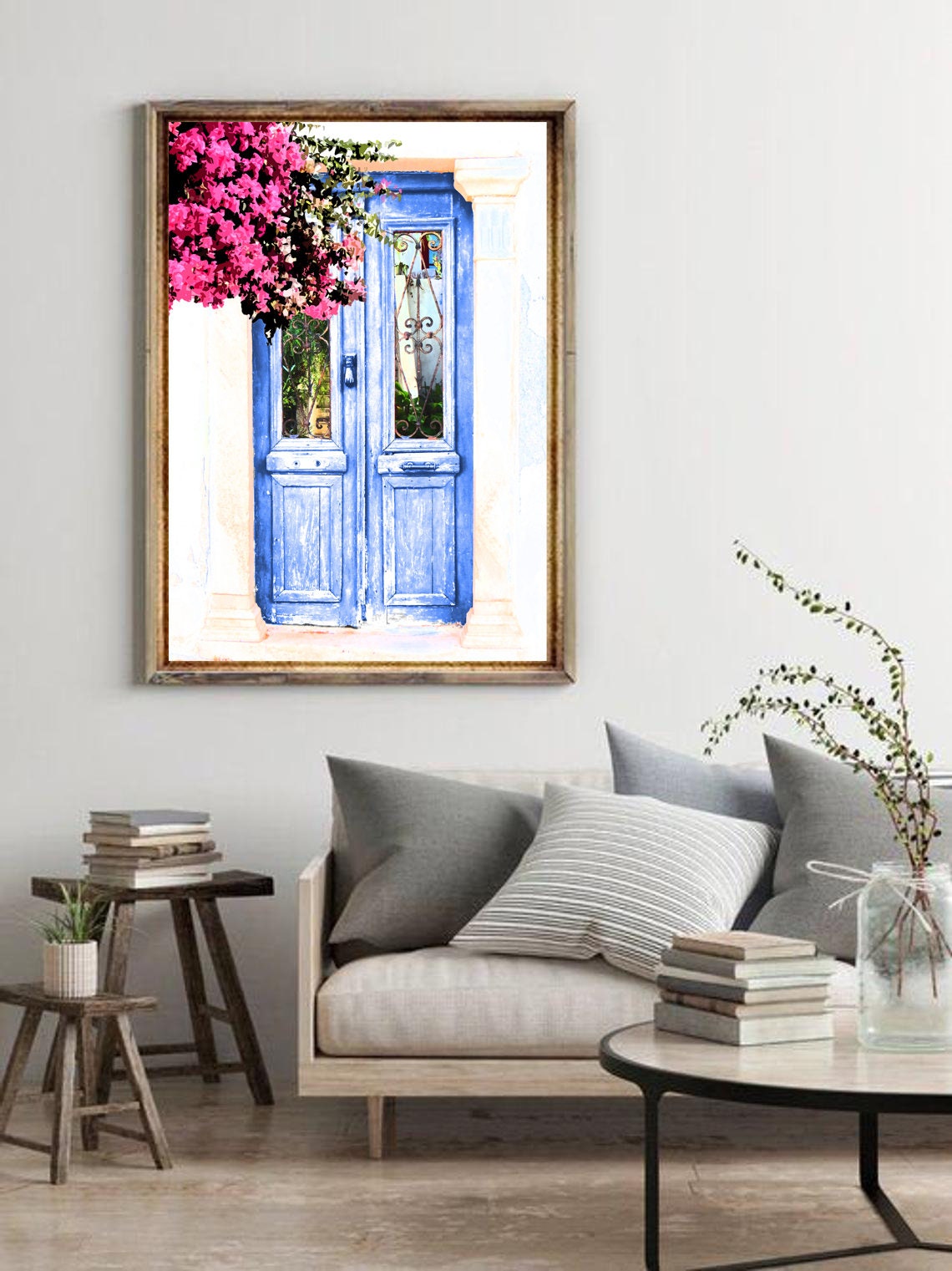 Blue Door Art Boganvilla Santorini Mykonos Greece Print - Etsy