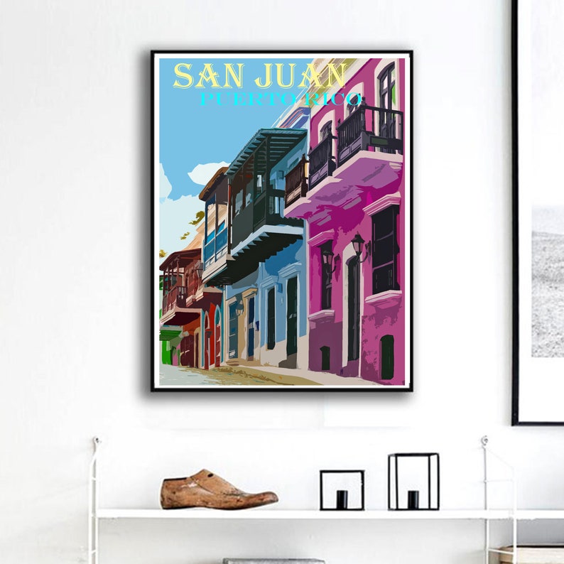 San Juan Art, Colorful Homes, Puerto Rico Vintage Poster, Retro Travel Print, Canvas Option, Puerto Rican Village image 8
