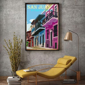 San Juan Art, Colorful Homes, Puerto Rico Vintage Poster, Retro Travel Print, Canvas Option, Puerto Rican Village image 4