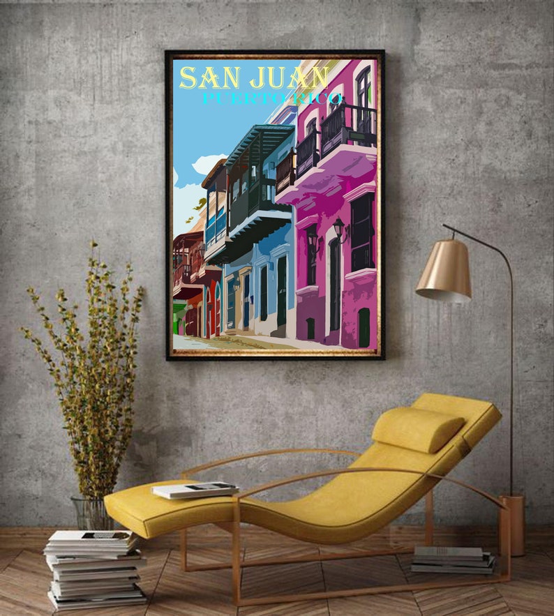 San Juan Art, Colorful Homes, Puerto Rico Vintage Poster, Retro Travel Print, Canvas Option, Puerto Rican Village image 4