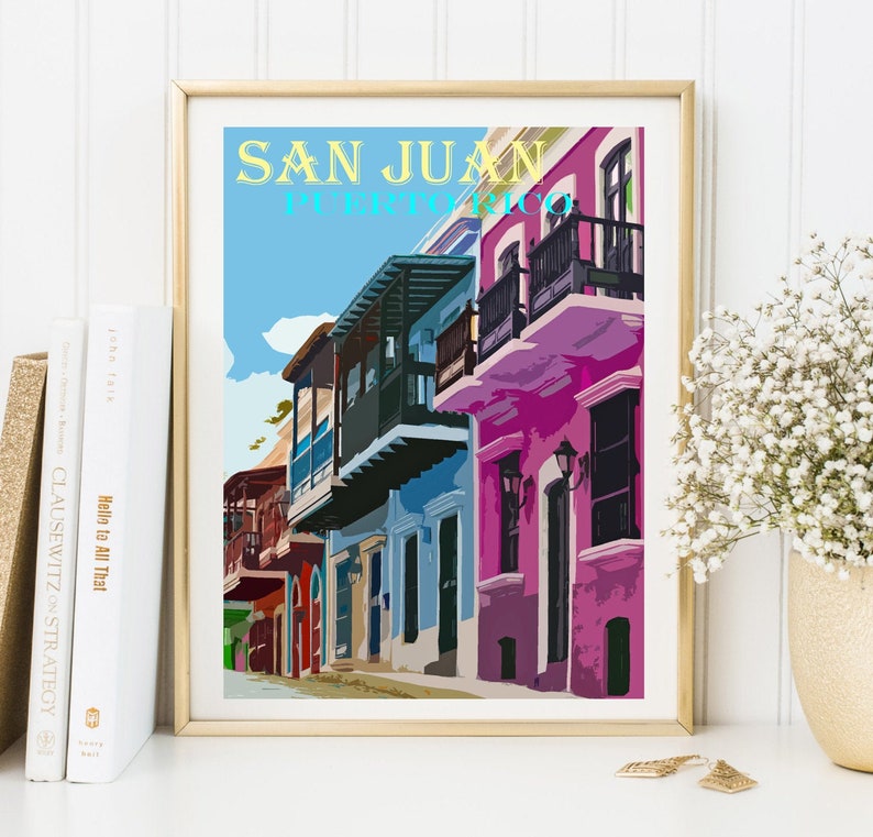 San Juan Art, Colorful Homes, Puerto Rico Vintage Poster, Retro Travel Print, Canvas Option, Puerto Rican Village image 1