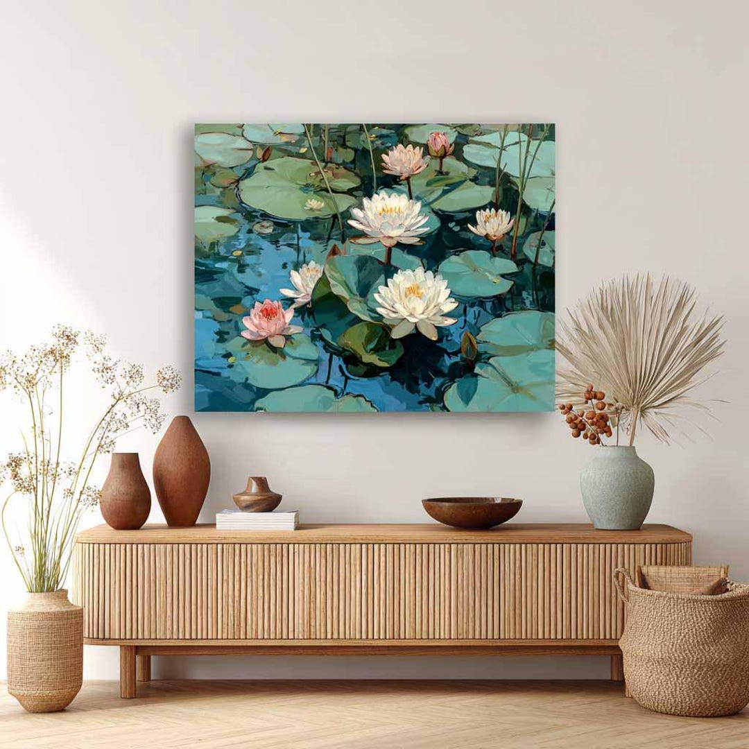 Lily Pond With Lotus Flowers Art - Tranquil Wall Art Zen (paper or ...