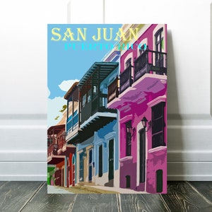 San Juan Art, Colorful Homes, Puerto Rico Vintage Poster, Retro Travel Print, Canvas Option, Puerto Rican Village image 9