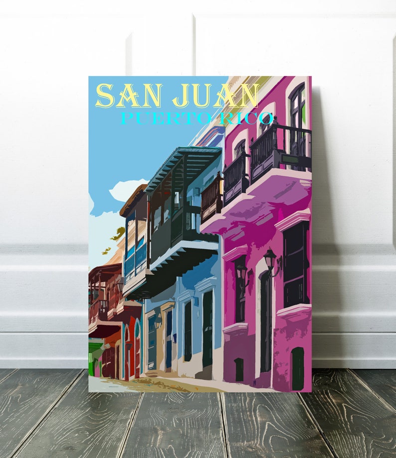 San Juan Art, Colorful Homes, Puerto Rico Vintage Poster, Retro Travel Print, Canvas Option, Puerto Rican Village image 9