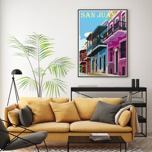 San Juan Art, Colorful Homes, Puerto Rico Vintage Poster, Retro Travel Print, Canvas Option, Puerto Rican Village image 2