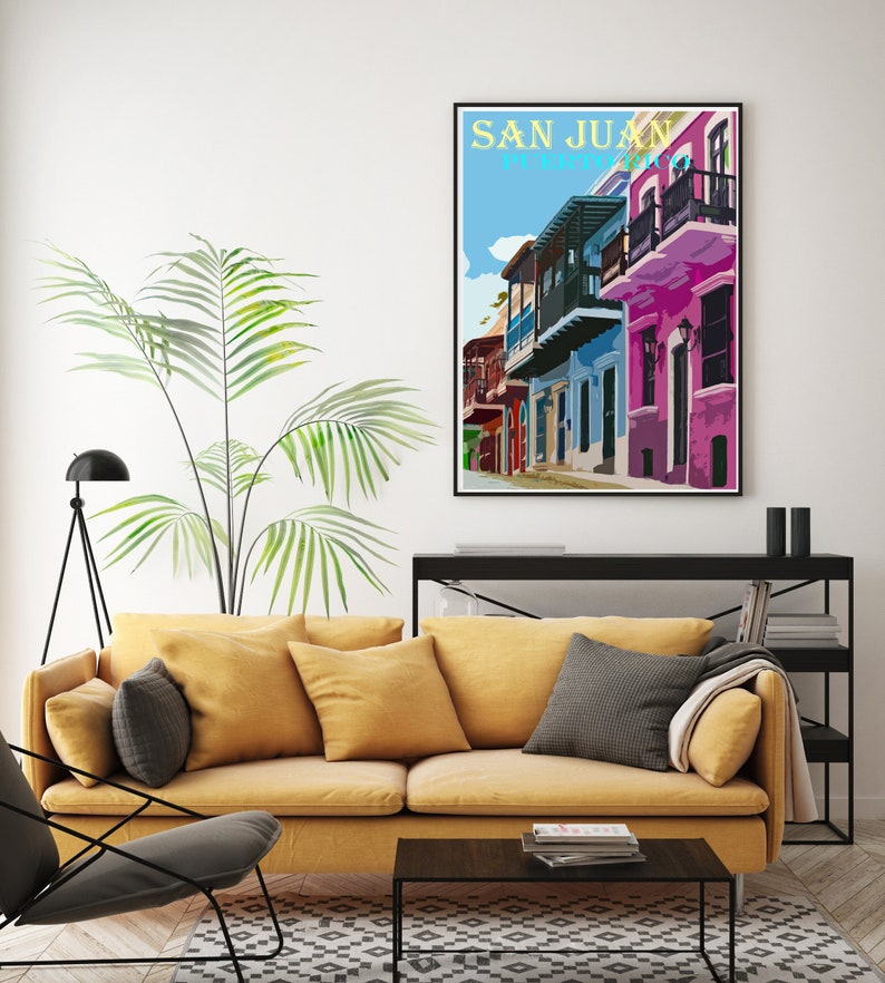 San Juan Art, Colorful Homes, Puerto Rico Vintage Poster, Retro Travel Print, Canvas Option, Puerto Rican Village image 2