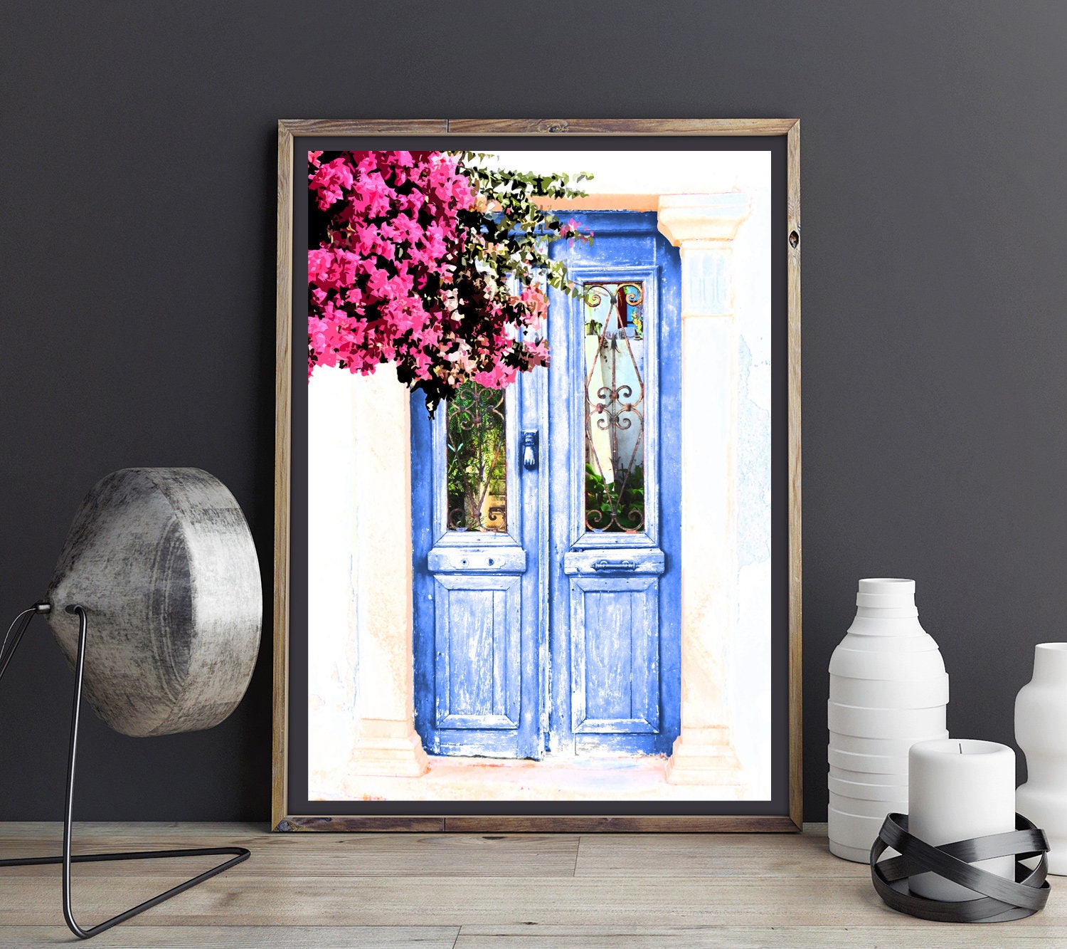 Blue Door Art, Boganvilla, Santorini, Mykonos, Greece, Print or Canvas ...