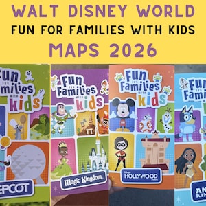 May include: Four colorful Walt Disney World maps for 2026 titled Fun for Families with Kids. Each map features distinct Disney characters and park icons including Epcot, Magic Kingdom, Hollywood Studios, and Animal Kingdom with bright graphics.