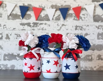 Hand-Painted Patriotic Mason Jar Set, Americana Farmhouse Centerpiece, Red White Blue Stars