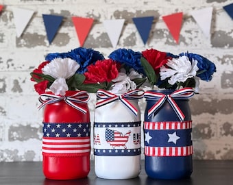 Handcrafted Patriotic Mason Jar Centerpiece, Americana Farmhouse 4th of July Decor