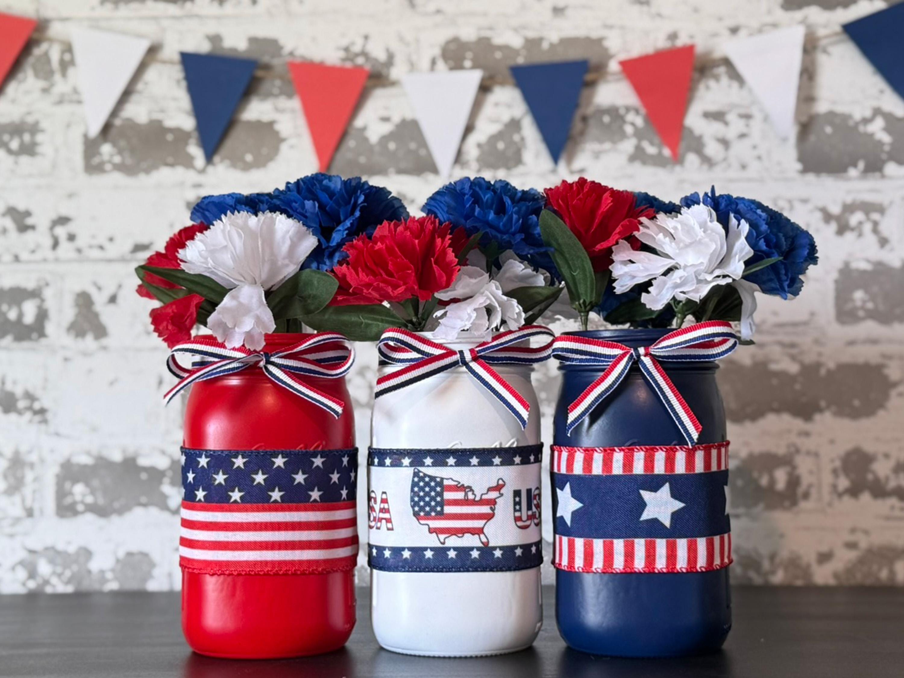 Large Patriotic Mason Jar Centerpiece Set, Quart Size 4th of July Decor ...