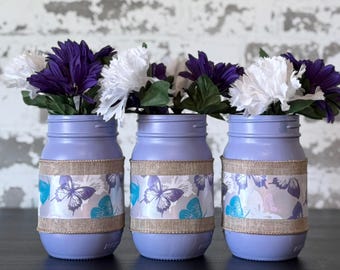 Butterfly Mason Jar Set, Hand-Painted Floral Centerpiece