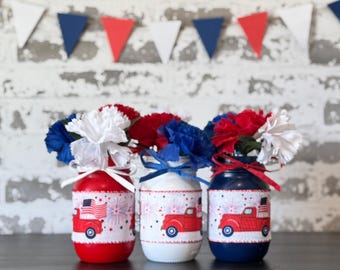 Hand-Painted Patriotic Mason Jar Centerpiece Set, Rustic Farmhouse Americana Decor
