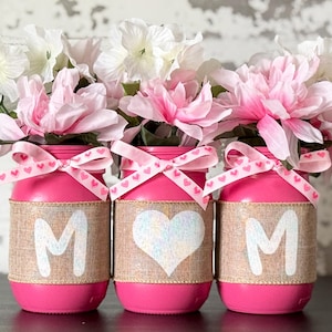 Potes de vidro para o dia das mães, potes pintados à mão em rosa, centro de mesa para o dia das mães, decoração de mesa, presente para a mãe, potes de vidro pintados, presente para o dia das mães