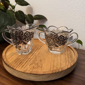 Vintage Sterling Silver Floral Overlay Glass Creamer and Sugar Set