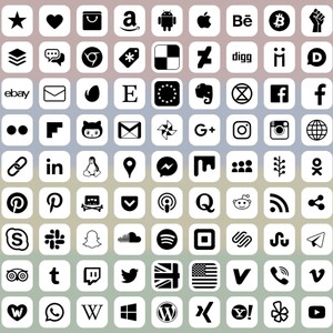 Può includere: Una griglia di 100 icone in bianco e nero che rappresentano popolari piattaforme di social media, siti Web e app. Le icone sono disposte in una griglia 10x10, con ogni icona su uno sfondo bianco.