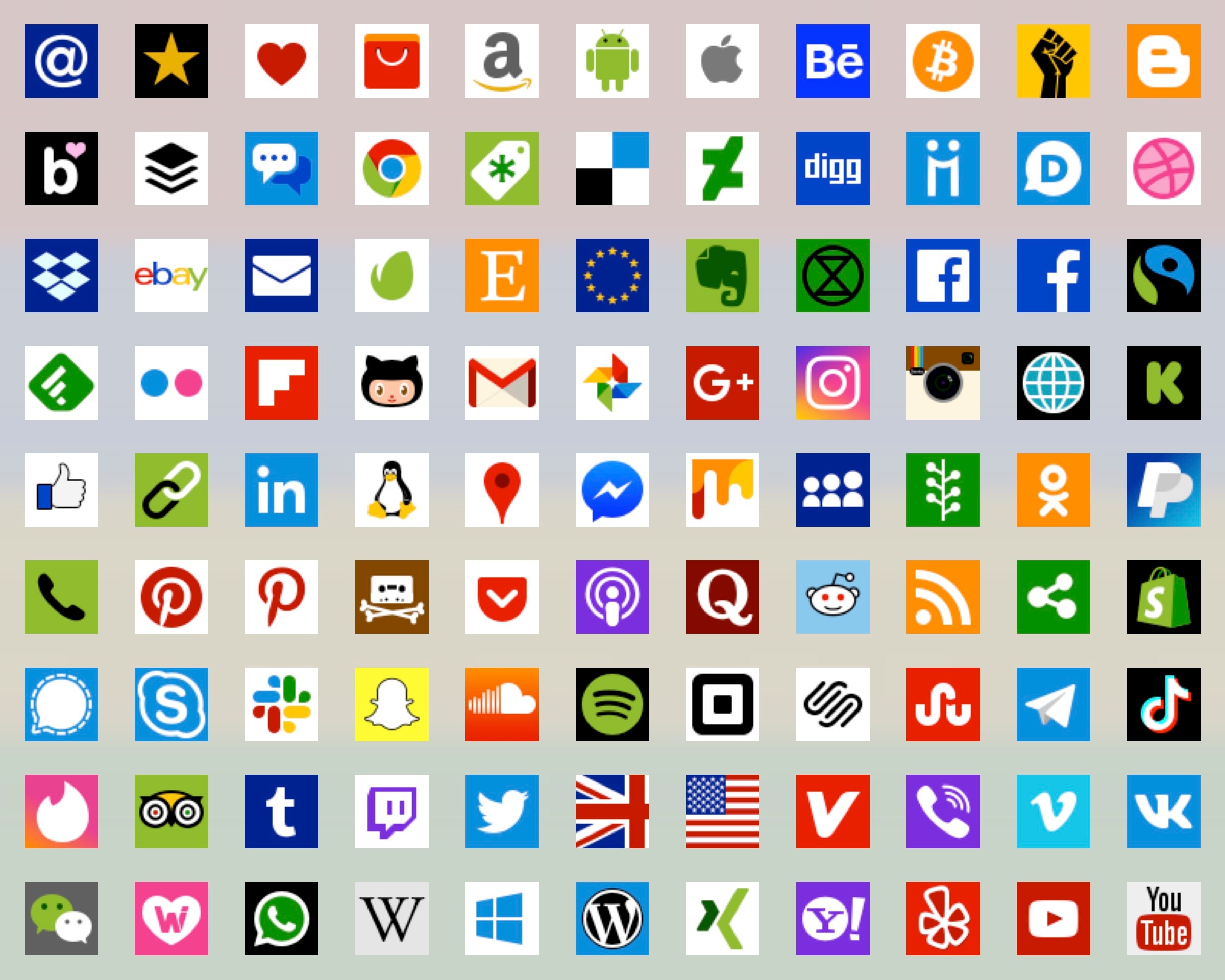 Social media icons, 98 +13 Types, Tile shape, Brand color icons