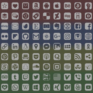 Social Media Icons, 98 +13 +18 types, icon shape, transparent on grey, bitmap & vector images