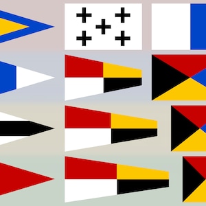 以下が含まれることがあります： 赤、白、青、黒、黄色のユニークな色の組み合わせを持つ、10枚の航海信号旗のセット。旗は3列に配置され、各列に3枚の旗があります。旗は耐久性のある生地で作られており、船の帆柱から掲揚されるように設計されています。